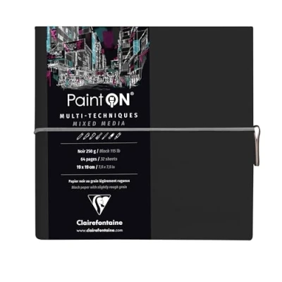 Image of Clairefontaine Ref 975439C Paint&#039;On Multi Technique Sewn Art Book (32 Sheets) 19 x 19cm, 250gsm Heavyweight Paper, Acid Free Black Pages / Cover