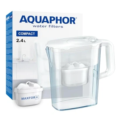 Image of AQUAPHOR Water Filter Jug Compact White. Space saving, Lightweight Fridge door fit 2.4L Capacity 1 X Maxfor+ Included Reduces Limescale Chlorine &amp; Microplastics,