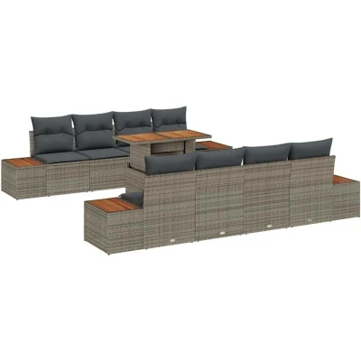 Image of vidaXL 9 Piece Garden Dining Set with Cushions Grey Poly Rattan Acacia
