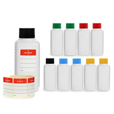 Image of 10x 100 ml Octopus plastic bottles, HDPE bottles with colorful screw caps, empty square incl. labels
