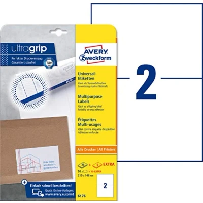 Image of Avery Zweckform 6176 Universal Postage Labels for DHL Online Franking Service 210 x 148 mm Pack of 25 Sheets with 50 White