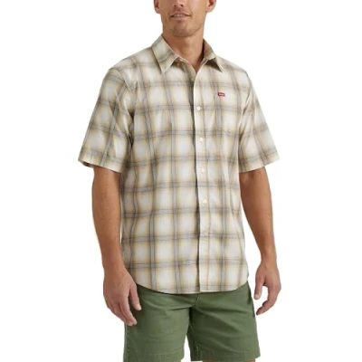 Image of Wrangler Authentics Men&#039;s Short Sleeve Classic Plaid Shirt, Pale Khaki Plaid, Medium