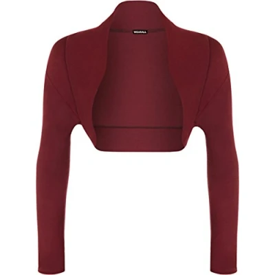 Image of WearAll Womens Plus Size Plain Long Sleeve Cropped Ladies Shrug Bolero Cardigan Top Wine 20/22
