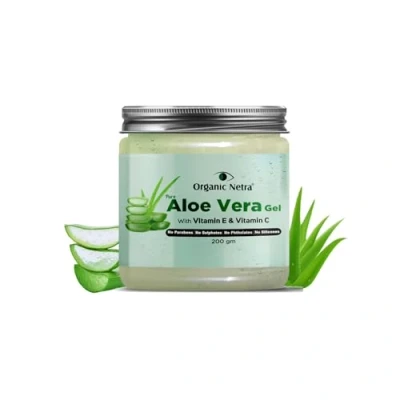 Image of Organic Netra Pure Aloe Vera Gel with Vitamin C &amp; E for Skin, Face and Hair Helps to Repair Smoothens Relax Renew Your Skin Scalp Paraben Free Sulphate Free, 200gm