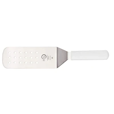 Image of Mercer Culinary M18710WH Millennia 8 x 3 Inch Perforated Turner, White Handle, Stainless Steel
