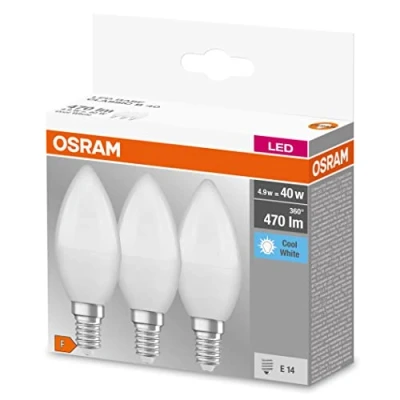 Image of OSRAM LED BASE Classic B40, frosted filament lamp in glass for E14 base, candle shape, cool white (4000K), 806 lumen, replaces conventional 40W bulbs, box of 3