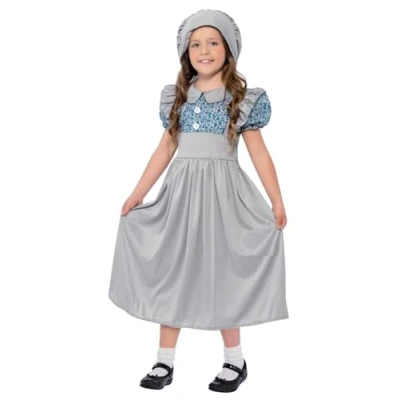 Image of Smiffys Victorian School Girl Costume, Grey with Dress &amp; Hat, Girls Fancy Dress, Child Up Costumes