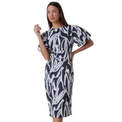 Image of Roman Womens Abstract Print Ruched Stretch Dress Black Size 12 UK