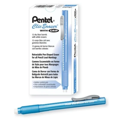Image of Pentel Clic Eraser Grip, Retractable Eraser, Sky Blue Barrel, Box of 12 (ZE22S)