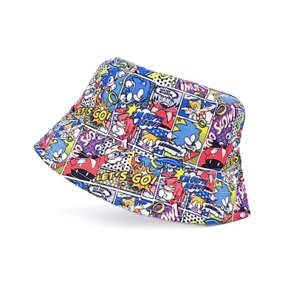 Image of SONIC THE HEDGEHOG Adults Bucket Hat Multicoloured Sun for Men &amp; Women Knuckles, Doctor Eggman Villain Tails Comic Book Graphic Retro Headwear All Over Print Cartoon Gift