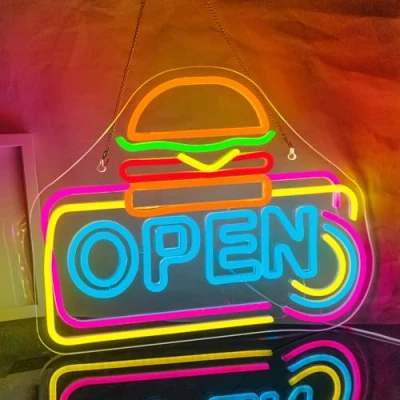 Image of Looklight Hamburger Open Neon Sign Burger Light for Shop, Signs Lights Business Restaurant Kitchen Store Shop Fast Food Party