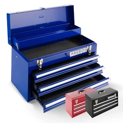 Image of Arebos Toolbox with 3 drawers &amp; 2 storage compartments incl. carrying handle snap locks in function anti slip mats Blue