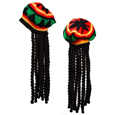 Image of XNHIU 2 Pack Rasta Hat with Black Dreadlocks Bob Marley Wig Tam Fancy Dress Cap