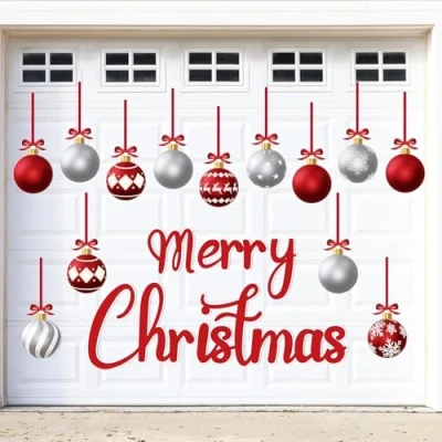 Image of KAHEIGN 31Pcs Christmas Garage Door Magnets, 19CM Merry Magnet Sticker with 13Pcs Balls and Hanging Bows for Xmas Holiday Refrigerator Car Decoration (Red Silver)