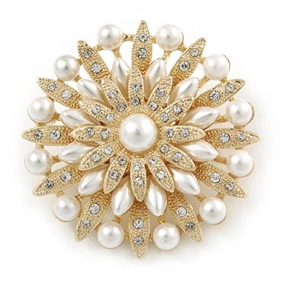 Image of Avalaya Bridal Vintage Inspired White Simulated Pearl, Austrian Crystal Layered Floral Brooch in Gold Tone 50mm D