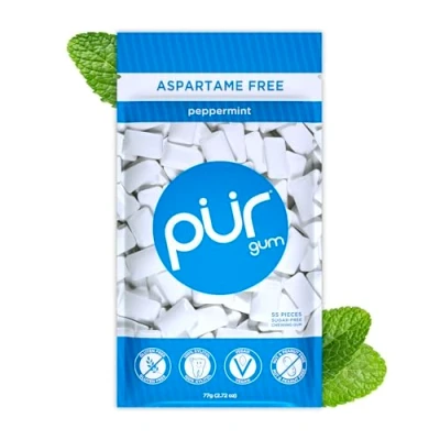 Image of PUR Gum Sugar Free Chewing Made with Xylitol Vegan, Aspartame Free, Gluten &amp; Keto Friendly Natural Peppermint Flavoured Gum, 55 Pieces (Pack of 1)