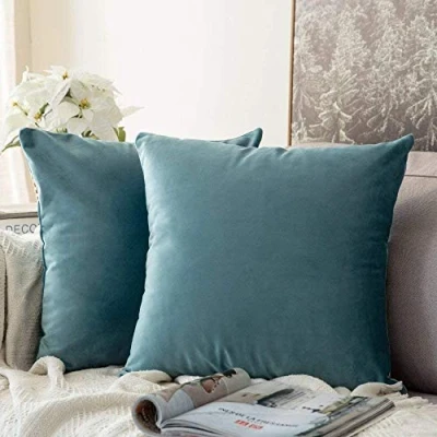 Image of MIULEE Velvet Soft Soild Microfiber Decorative Square Pillow Case Throw Cushion Cover for Sofa Bedroom with Invisible Zipper 16x16 Inch 40x40cm Teal Green Set of 2 Lined