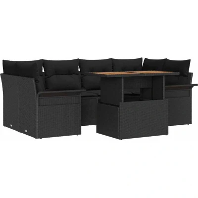 Image of vidaXL 7 Piece Garden Sofa Set with Cushions Black Poly Rattan Acacia