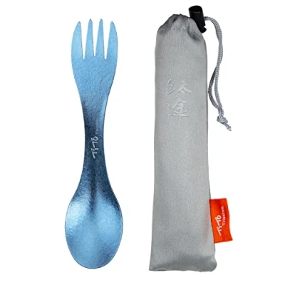 Image of TiTo Titanium Spork 2 in 1 Ultra Lightweight Spoon Fork Tableware for Outdoor Camping, Backpacking, Hiking, Travel, Picnics and Home with Bag (Blue)