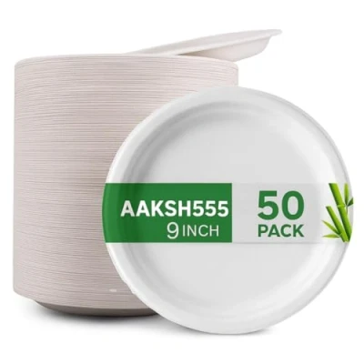 Image of PACK OF 50, STRONG Disposable Plates 9&quot; / 23cm USED for HOT &amp; COLD FOODS Party Lunch Dinner Super Rigid Biodegradable Ecofriendly Large Home Office Christmas