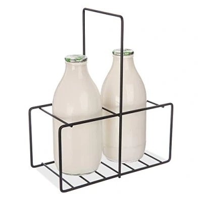 Image of FiNeWaY 4 Milk Bottle Holder With Integrated Handle Doorstep Retro Crate Glass Bottles, Wine Carrier