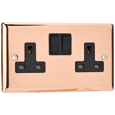 Image of Varilight XY5B.CU 2 Gang Switched Socket DP 13 Amp Polished Copper (Black Inserts)