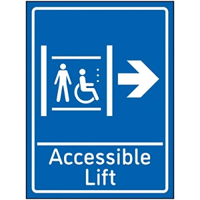 Image of V Safety Accessible Lift Arrow Right Sign 150x200mm Blue Self Adhesive Vinyl