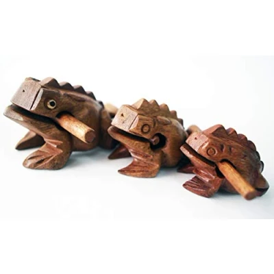 Image of Guiro Percussion musical Instruments Wooden 3 Piece, Set of Natural Wood Güiro Frog 10 8 5 cm.