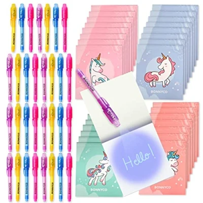 Image of BONNYCO Invisible Ink Pen and Notebook, Pack 32 Unicorns Party Bags Filler &amp; Pinata Toys Unicorn Birthday Decorations Stocking Fillers for Kids School Prizes Gifts Children