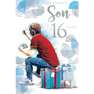 Image of Son 16th 16 Today Gaming &amp; Presents Design Happy Birthday Card Lovely Verse