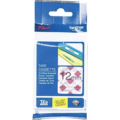 Image of Brother TZe MPRG31 Labelling Tape Cassette, Black on Red Gingham, 12 mm (W) x 4 m (L), Laminated, Genuine Supplies