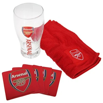 Image of Arsenal FC Official Wordmark Mini Football Bar Set (Pint Glass, Towel &amp; Beer Mats) (One Size) (Red)