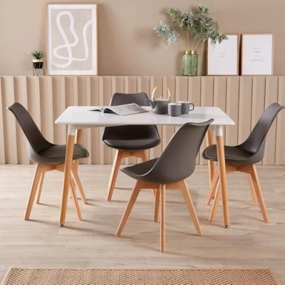 Image of Home Source White Kitchen Dining Table Set 4 Padded Grey Chairs Wooden Legs, 120cm