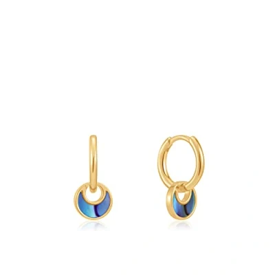 Image of ANIA HAIE 925 Sterling Silver Abalone Crescent Moon Huggie Hoop Sleeper Earrings, 14kt Gold Plated