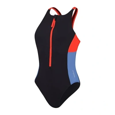 Image of Speedo Women&#039;s Zip Colourblock 1 Piece Swimsuit Swim Fitness Stylish Design Soft Feel, Dragon Fire, 2XS
