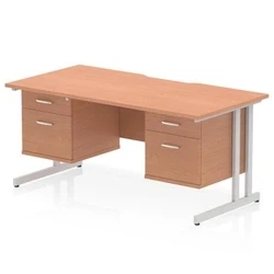 Image of Impulse 1600 x 800mm Scalloped Edge Straight Office Desk Beech Top Silver Cantilever Leg Workstation 2 Drawer Fixed Pedestal