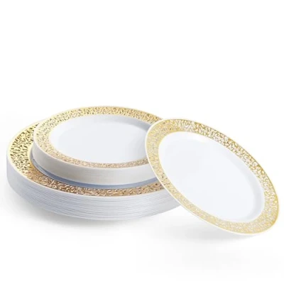 Image of MATANA 40 Premium White Plastic Plates with Gold Lace Rim 20x 26cm Dinner Plates, 19cm Side Elegant &amp; Reusable Dinnerware for Weddings, Birthdays, Catering, Parties