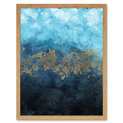 Image of Wee Blue Coo Abstract And Gold Watercolour Art Print Framed Wall Decor 9X7 inch