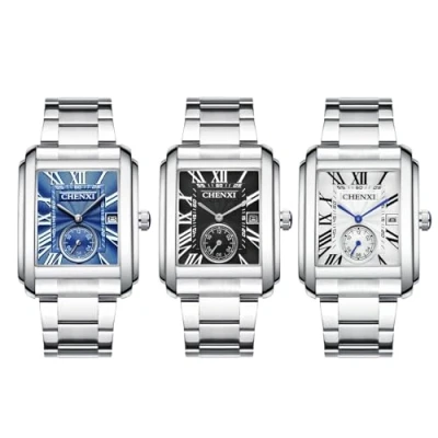 Image of JewelryWe Stainless Steel Square Watch: Silver Analog Quartz Calendar Wristwatch with Second Dial Waterproof Casual Business Watches for Men