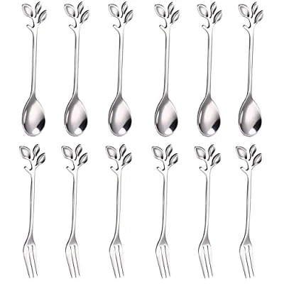 Image of 12 Pieces Tea Sugar Spoons, Stainless Steel Dessert Coffee Spoon, Fork, Appetizer Forks, Including 6 Spoons and for Kitchen Parties Shops