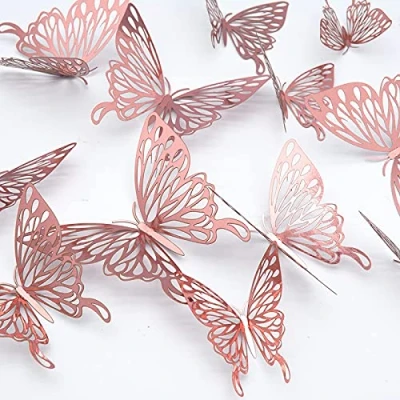 Image of 3D Butterfly Wall Stickers, CAYUDEN 24pcs Removable Paper Decor Stickers DIY for Room, Window, Wedding, Party Decoration, Living Nursery Room (Rose Gold)