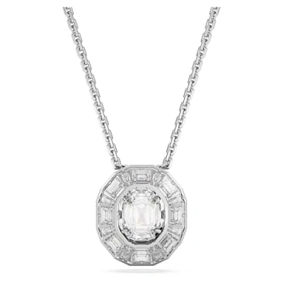 Image of Swarovski Mesmera Pendant Necklace, Dancing Octagon Cut Centre Stone with White Baguette Step Crystals, Rhodium Plated Chain, from the Collection