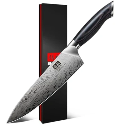Image of SHAN ZU Chef Knife in Powder Steel, Japanese Kitchen 20cm Professional High Carbon Cooking Knives Ultra Sharp Carving Utility with Ergonomic Full Tang Pakkawood Handle