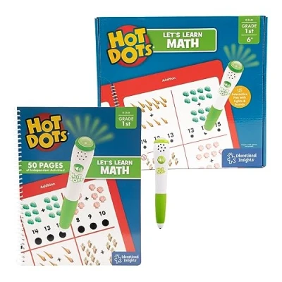 Image of Learning Resources Hot Dots Let’s Learn Math 1st Grade Activity Book &amp; Interactive Pen with Instant Feedback, Over 100 Activities, Ages 6+