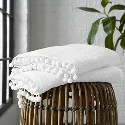 Image of GC GAVENO CAVAILIA Luxury 2PK Pom Pure Cotton 550 GSM Hand Towels OR Ultra Soft Super Absorbent, Egyptian, White, Pack of 2 Bath Sheet