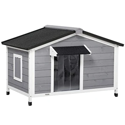 Image of PawHut Large Wooden Dog Kennel, Elevated Kennels for Outside, with Openable Top, Asphalt Roof, Windows, Curtain, Removable Tray, Adjustable Legs, House Outdoor, 72H x 109L 79Wcm, Grey