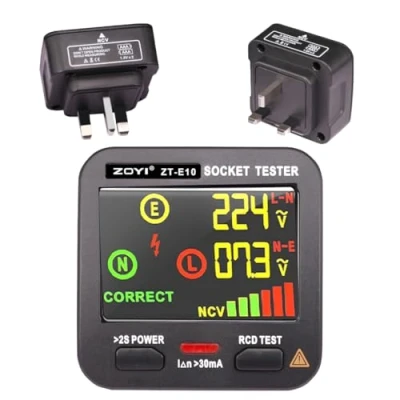 Image of Mains Wiring Socket Tester ZOYI ZT E10 (GINIUNE) Household Smart UK Plug with RCD Wire Connection Indication, Voltage Display NCV LED Coloured Screen (Battery Included)