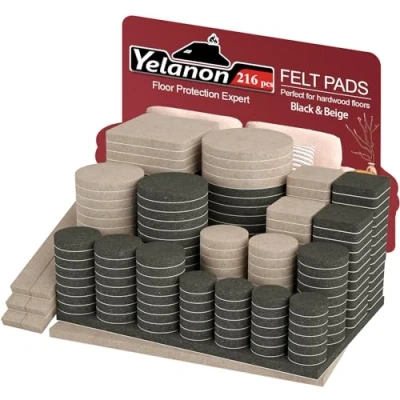 Image of Yelanon Felt Furniture Pads 216 Pcs Hardwoods Floors Self Adhesive, Chair Pads, Anti Scratch Floor Protectors for Feet Legs, Beige &amp; Black
