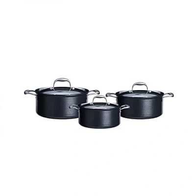 Image of Karaca Biodiamond Pro 6 Piece Induction Cookware Set Non Stick Pots Set, 3 with Glass Lids, PFOA Free, Anti Scratch, Dishwasher Safe, Pot Black