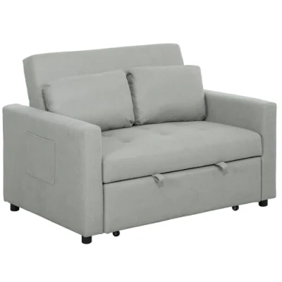 Image of HOMCOM 2 Seater Sofa Bed, Convertible Bed Settee, Modern Fabric Loveseat Couch with Cushions, Side Pockets for Living Room, Guest Light Grey